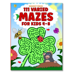 Cover of the activity book “111 Varied Mazes for Kids Ages 4–8” – featuring colorful illustrations and playful maze elements.