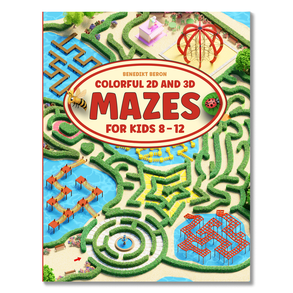 Cover des Buchs „Colorful 2D and 3D Mazes for Kids 8-12“ mit bunten Illustrationen und kindgerechtem Design.