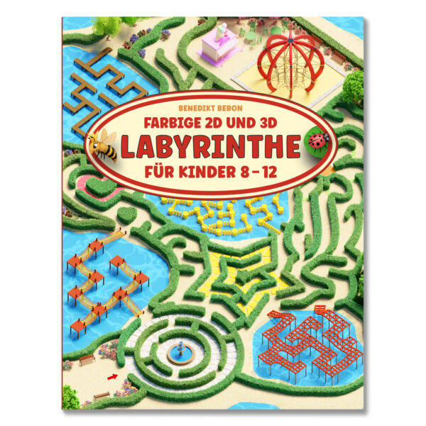 Cover des Kinderbuchs „Farbige 2D und 3D Labyrinthe für Kinder 8–12“ mit bunten Illustrationen und fantasievoller Labyrinth-Szene
